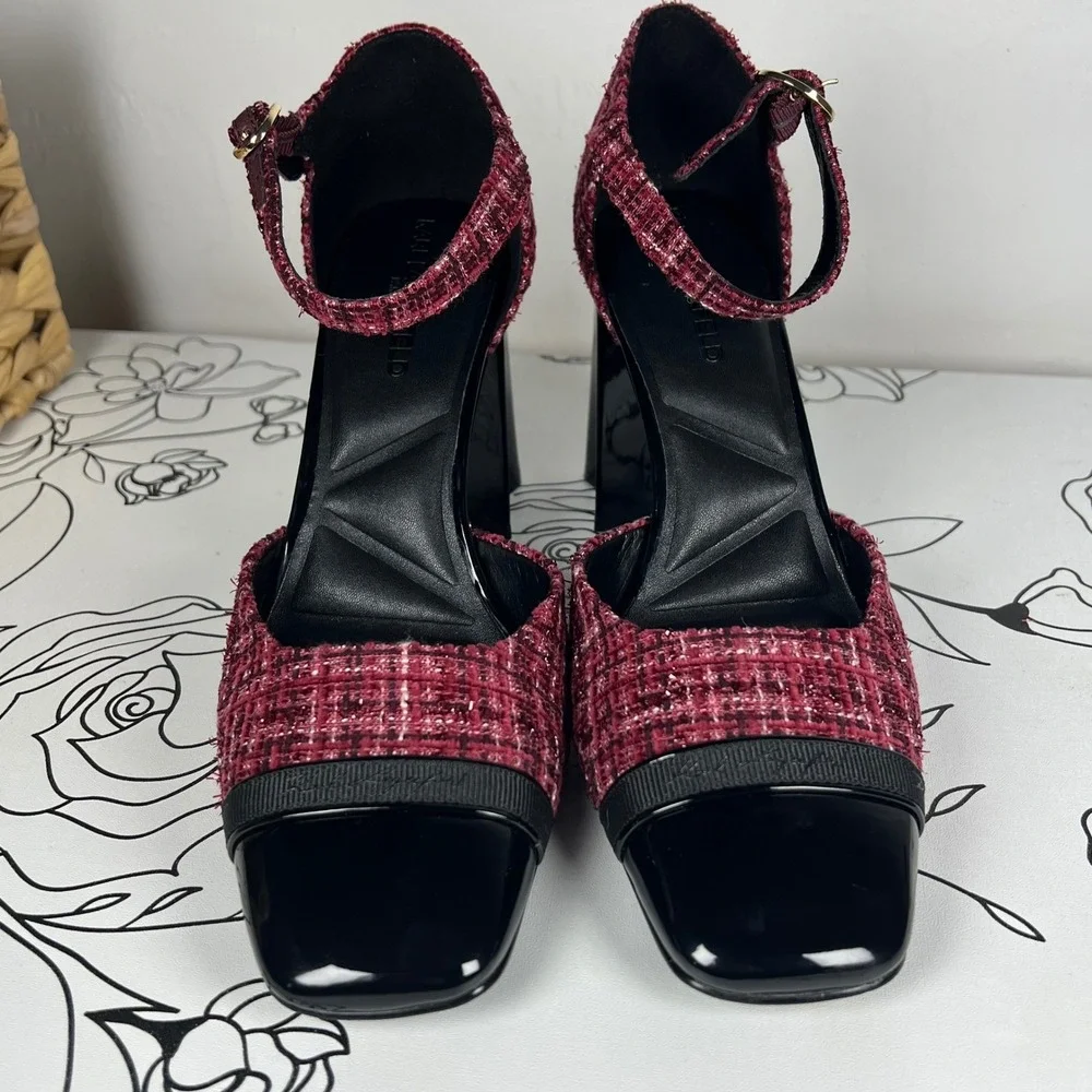 Karl Lagerfeld Paris Sapphira Tweed Cap Toe Block Heel Pumps Burgundy 8.5M